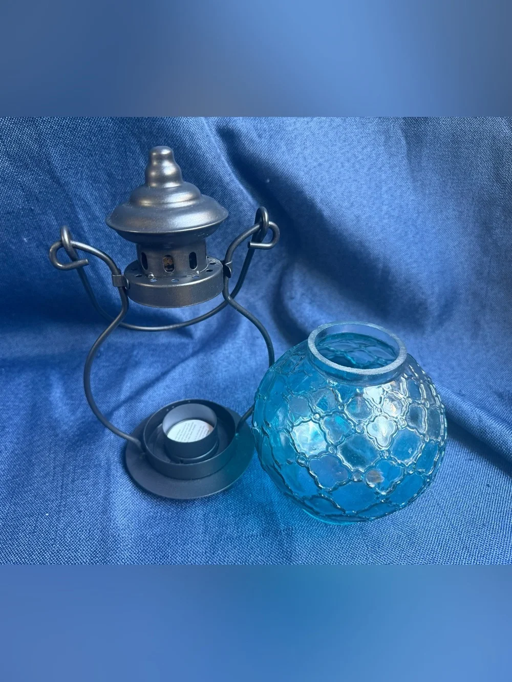 Moroccan Turquoise Blue Glass Lantern Metal Tealight Candleholder 9.5